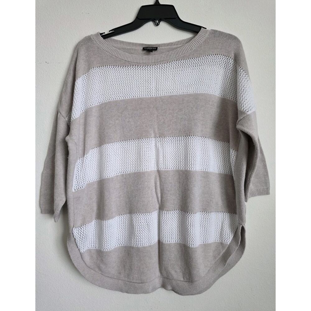 Express Sweater Women's XL White Tan Knit Crochet Qtr Sleeve Round Neck